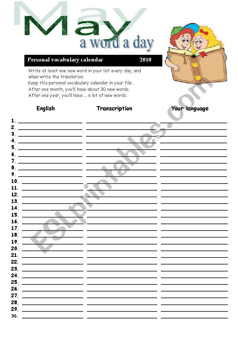 vocabulary calendar - May worksheet