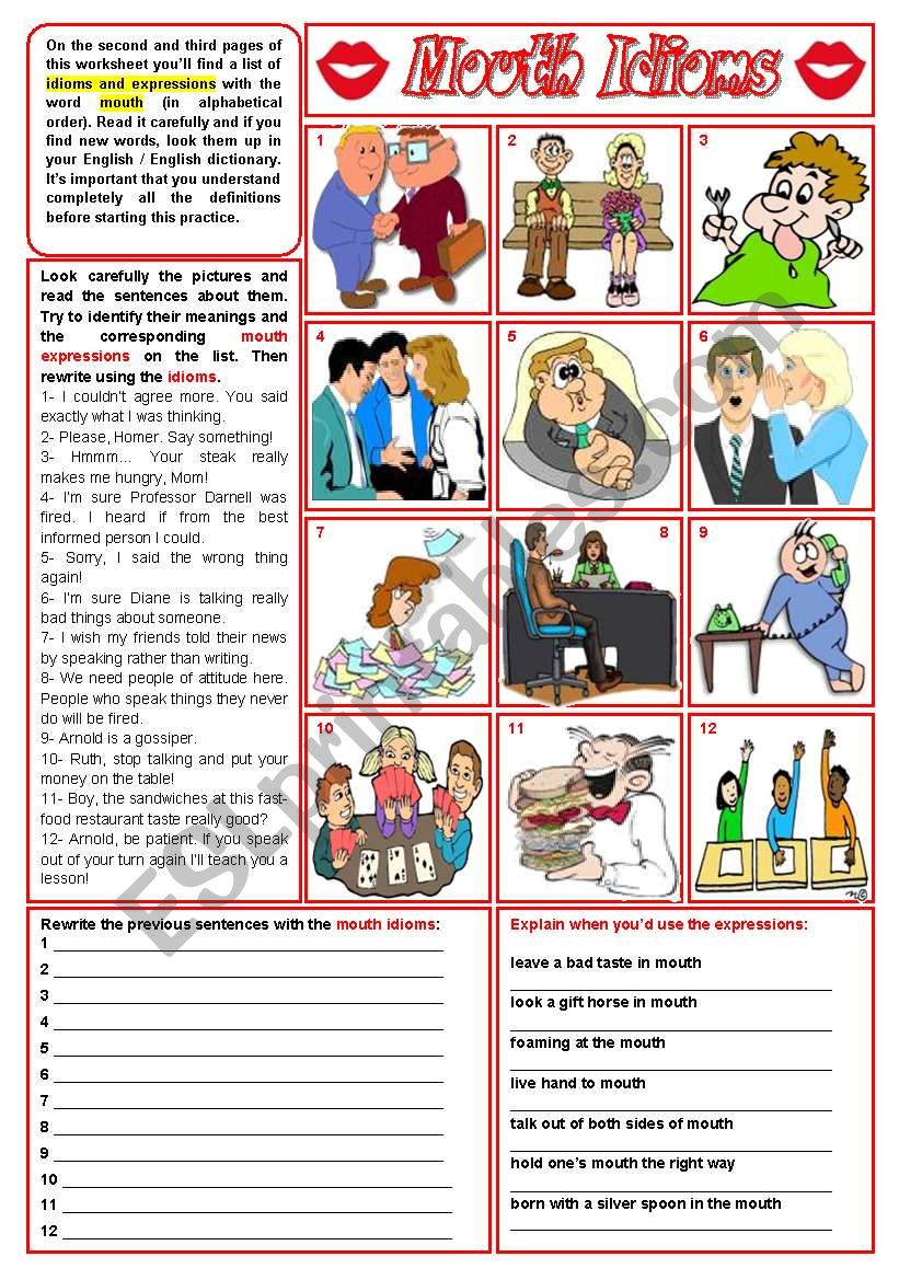 Mouth idioms - list + exercises ***fully editable ((3 pages))