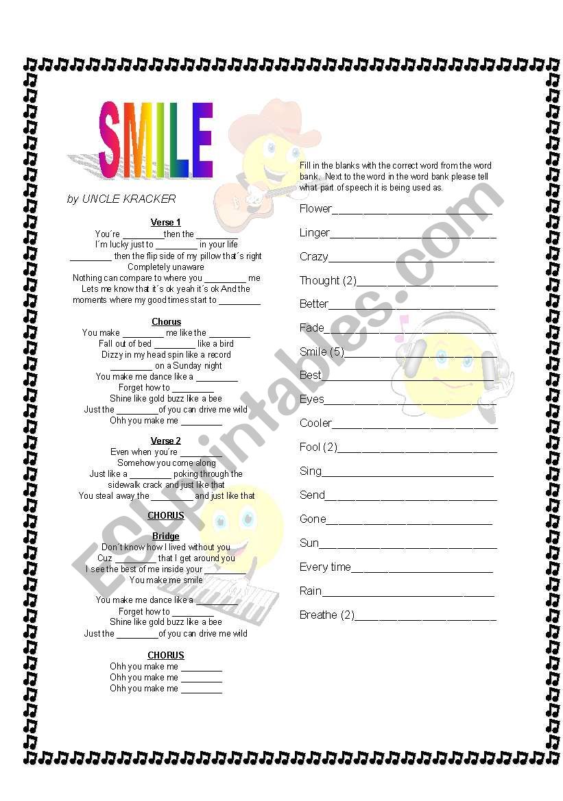 Smile by Uncle Kracker worksheet