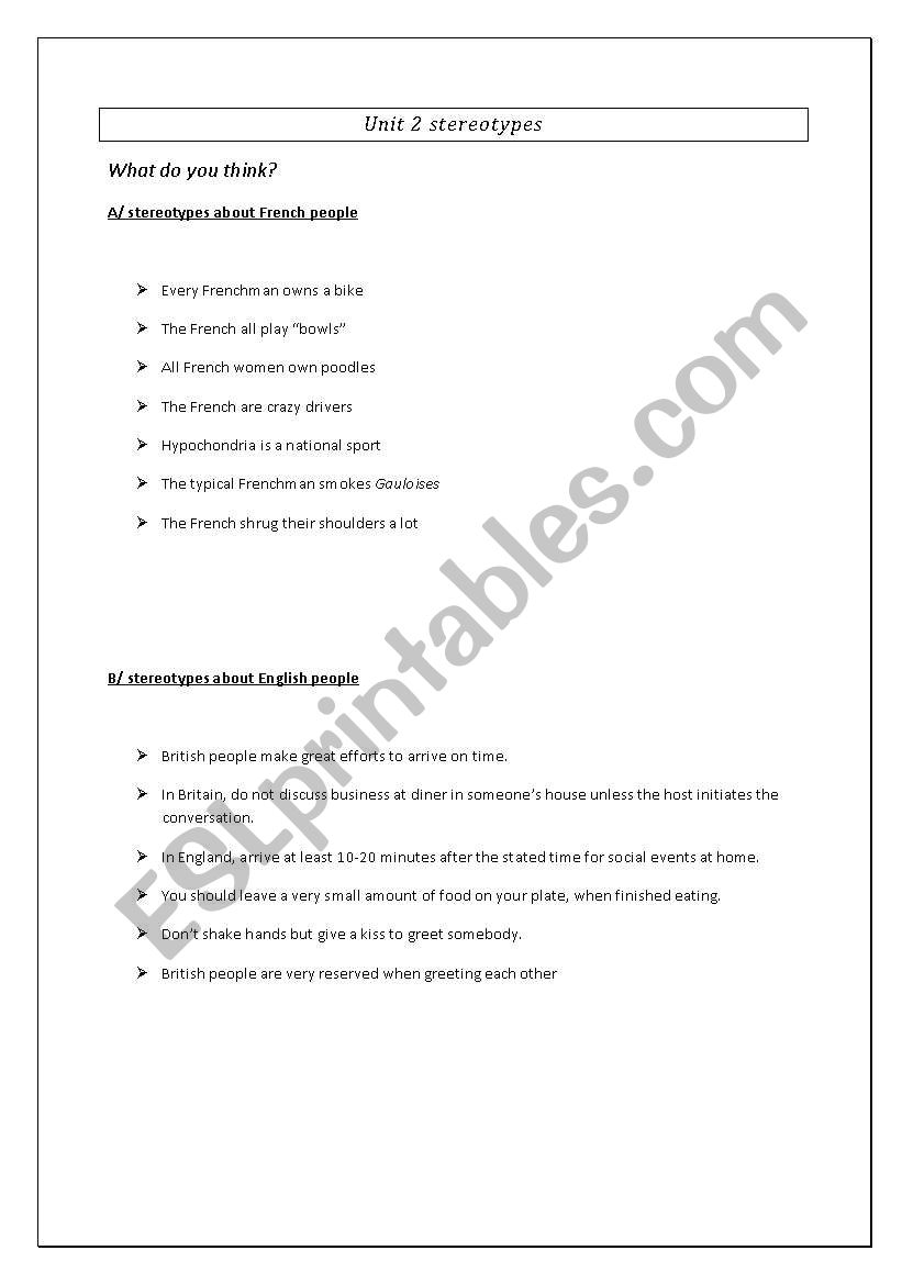 sterotypes worksheet