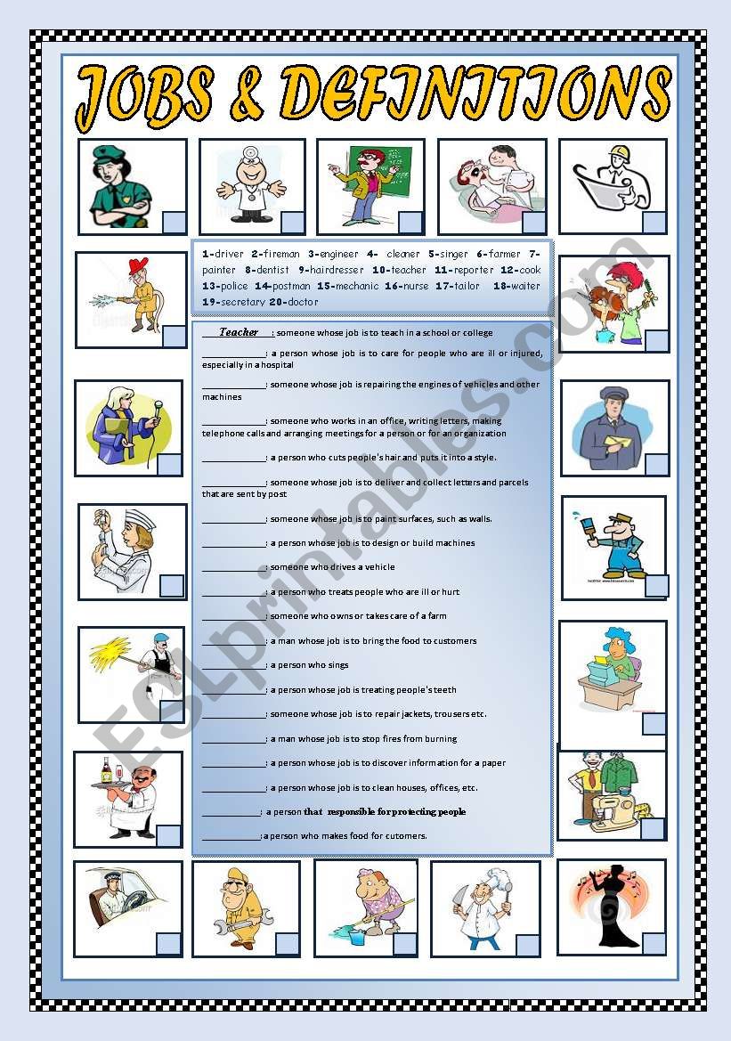 JOBS and DEFINITIONS worksheet