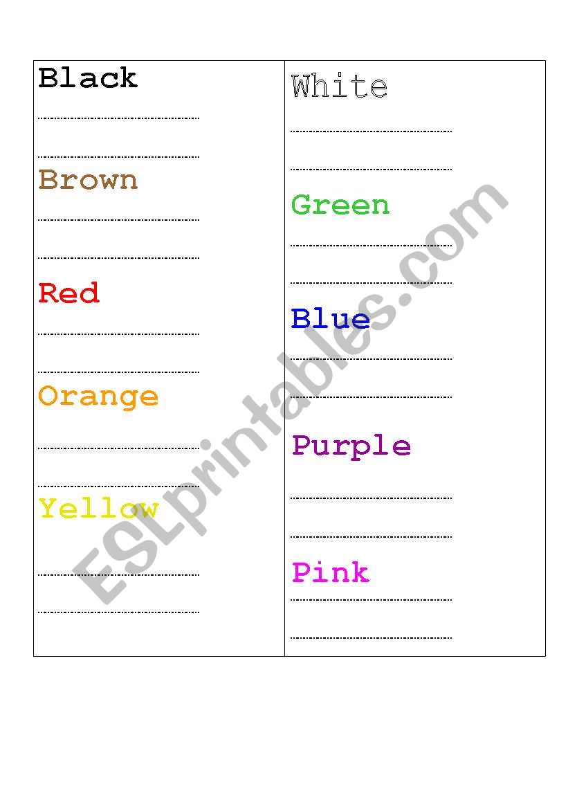 Write the Colours worksheet