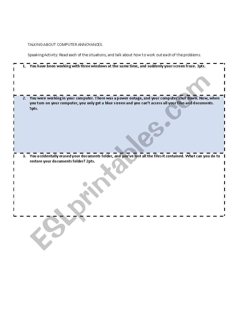 Computer Annoyances worksheet