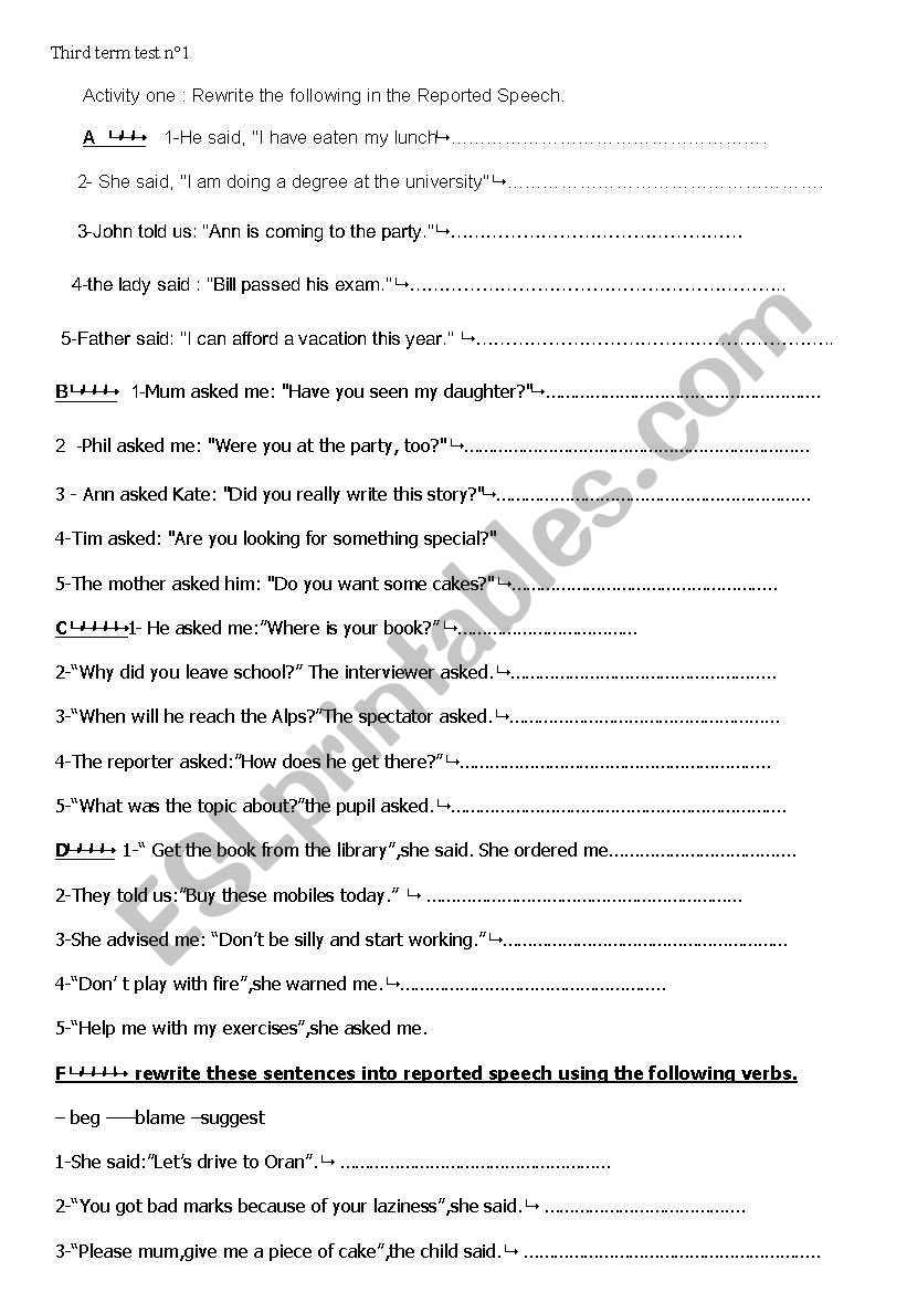 reported speech 9th grade exercises