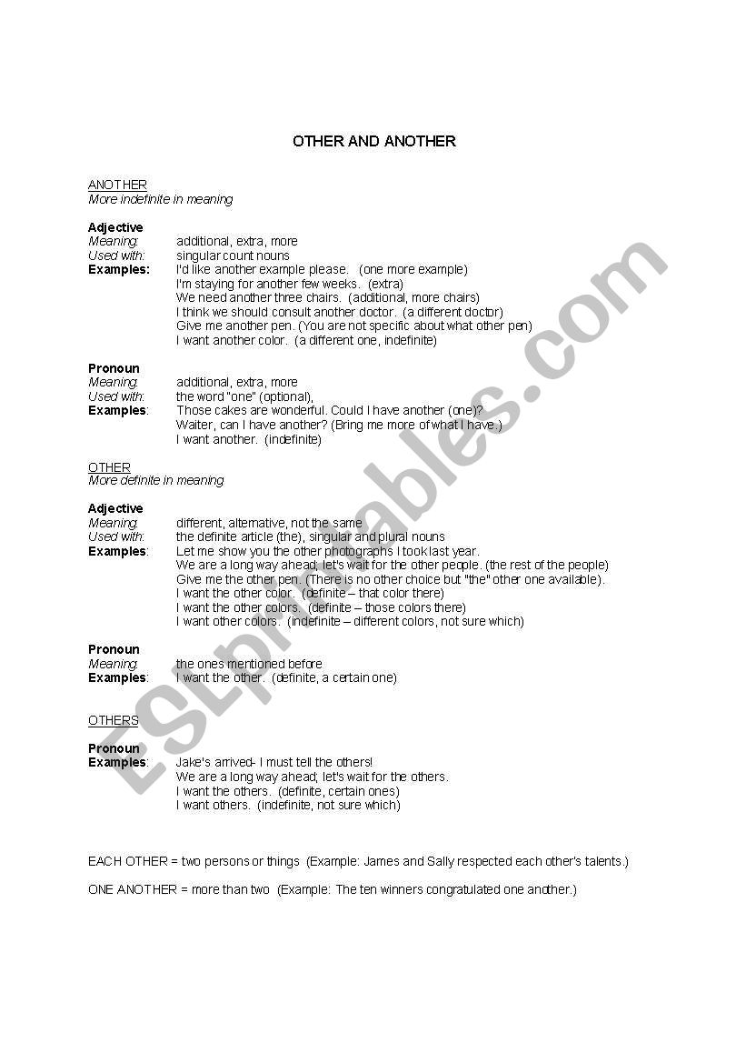 Other versus Another worksheet