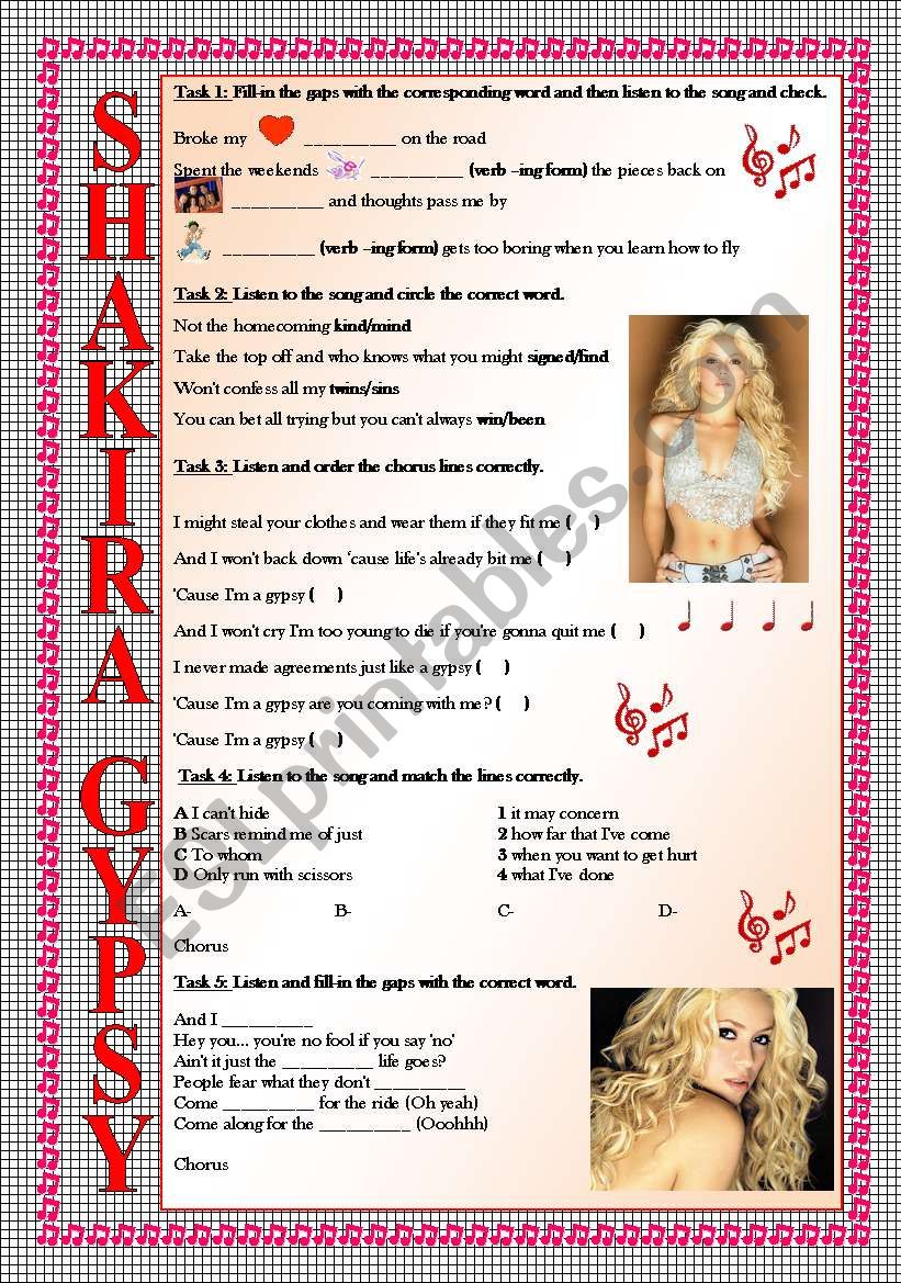 Shakira Gypsy (LISTENING tasks, FULLY EDITABLE and with KEY included)