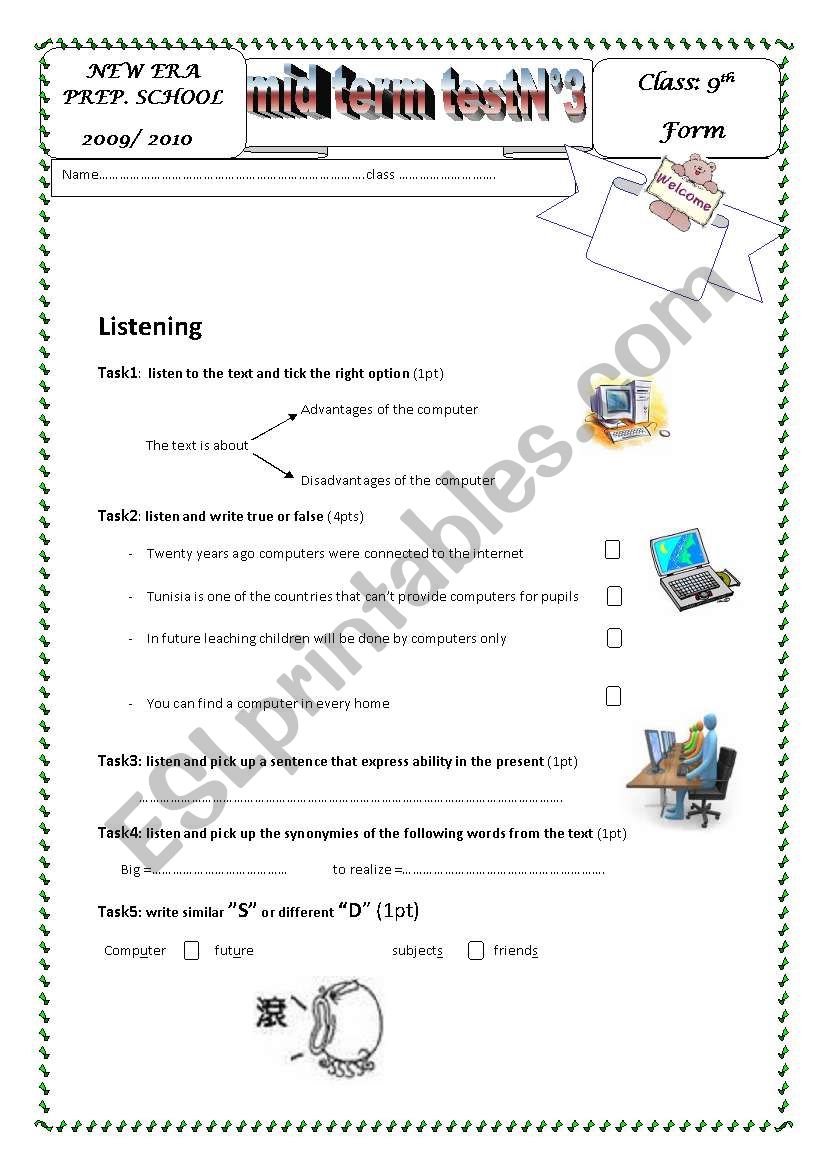 mid term test 3 9th  worksheet