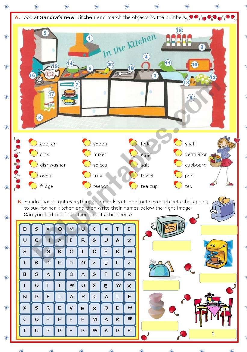 SandraÂ´s new kitchen -- what she has and what is missing  -  fun activities