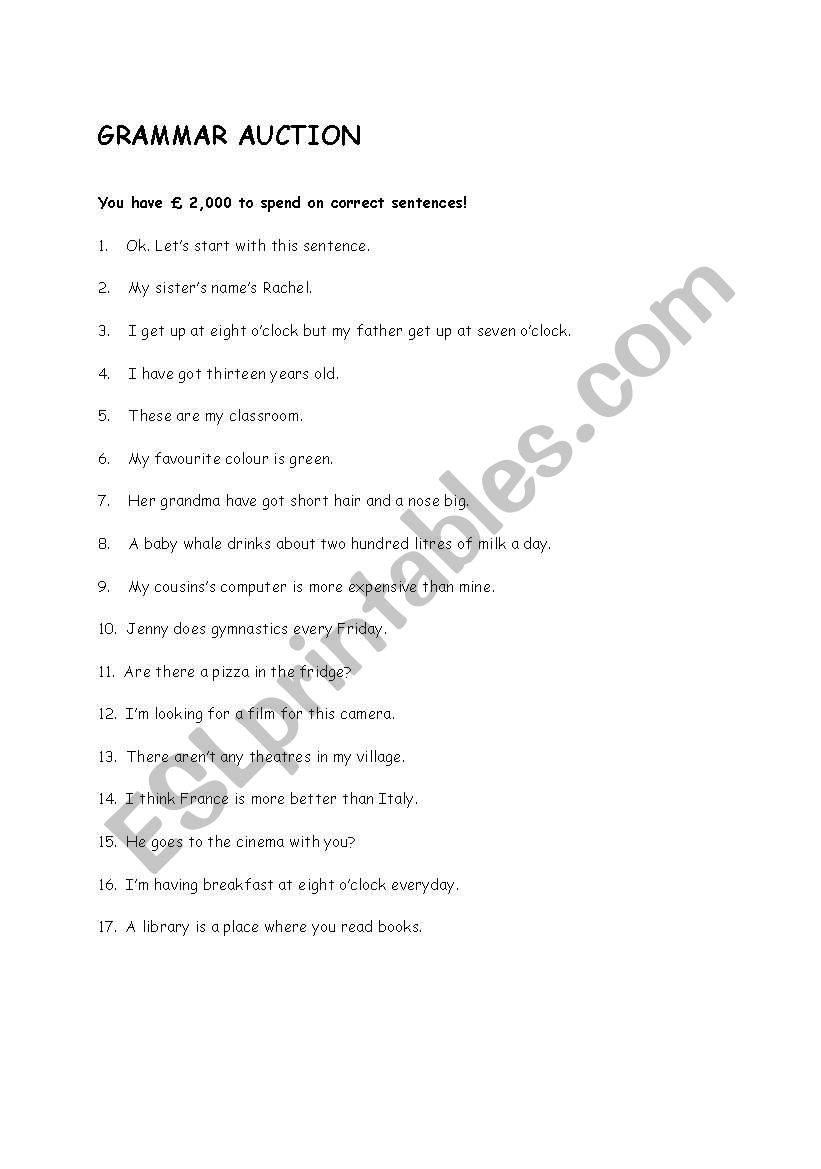 Grammar Auction worksheet