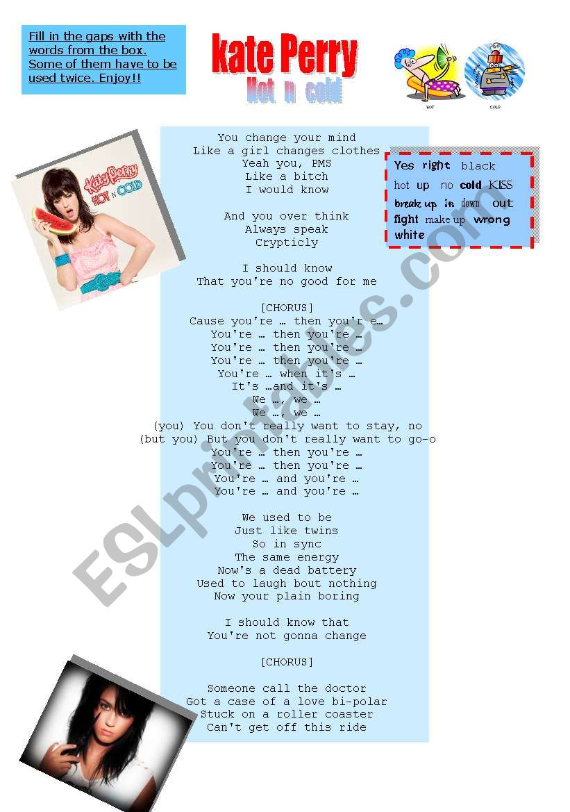 Hot n cold. Kate Perry. Song worksheet