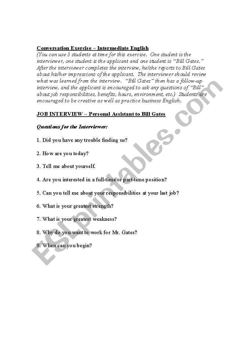 Job Interview - Intermediate Conversation Exercise 