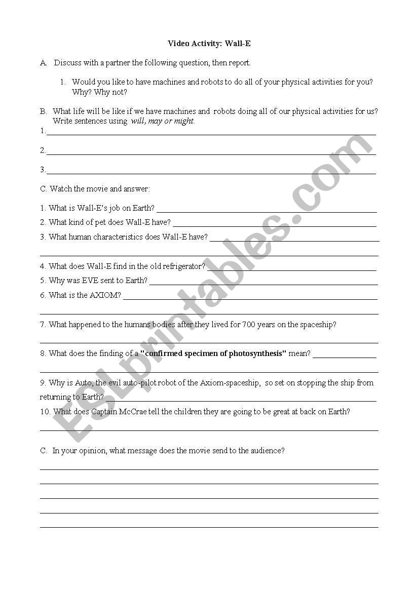 Wall-E Movie Worksheet worksheet