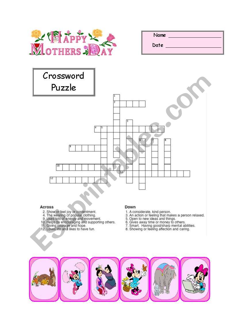 Motherâ€™s Day Crossword Part 7/8 of unit With detailed key ESL
