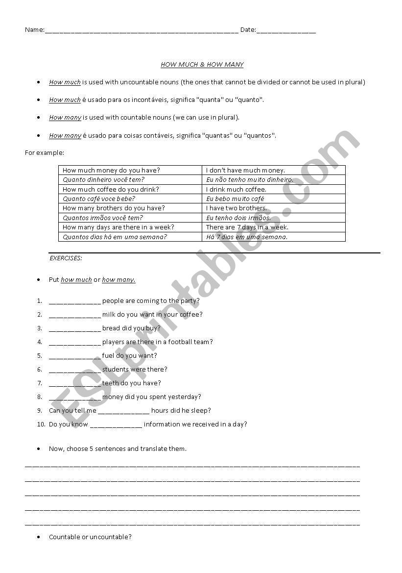 how much X how many worksheet