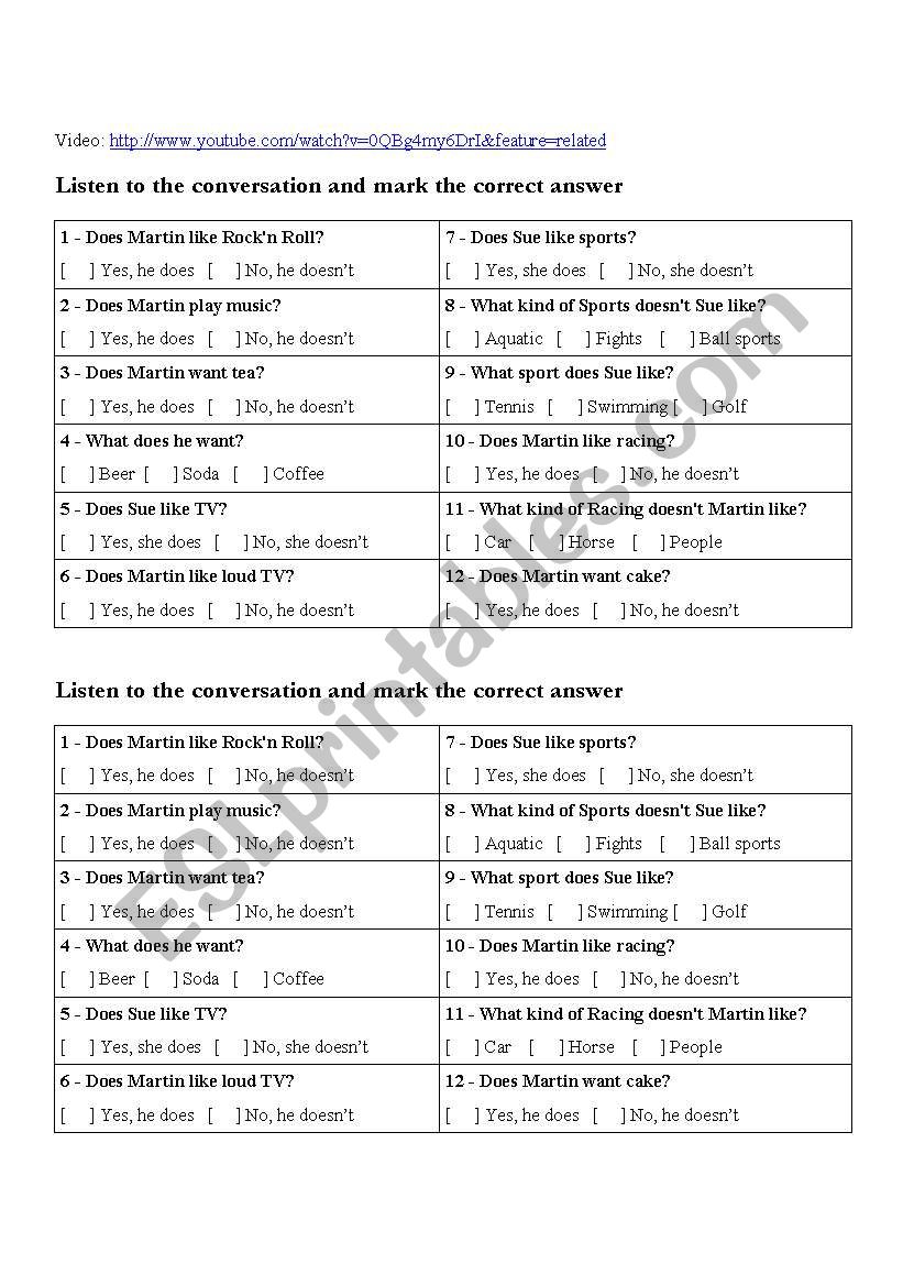 Present Simple 3rd Person - Listening comprehension