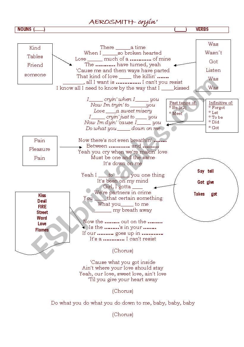 Crying (Aerosmith) worksheet