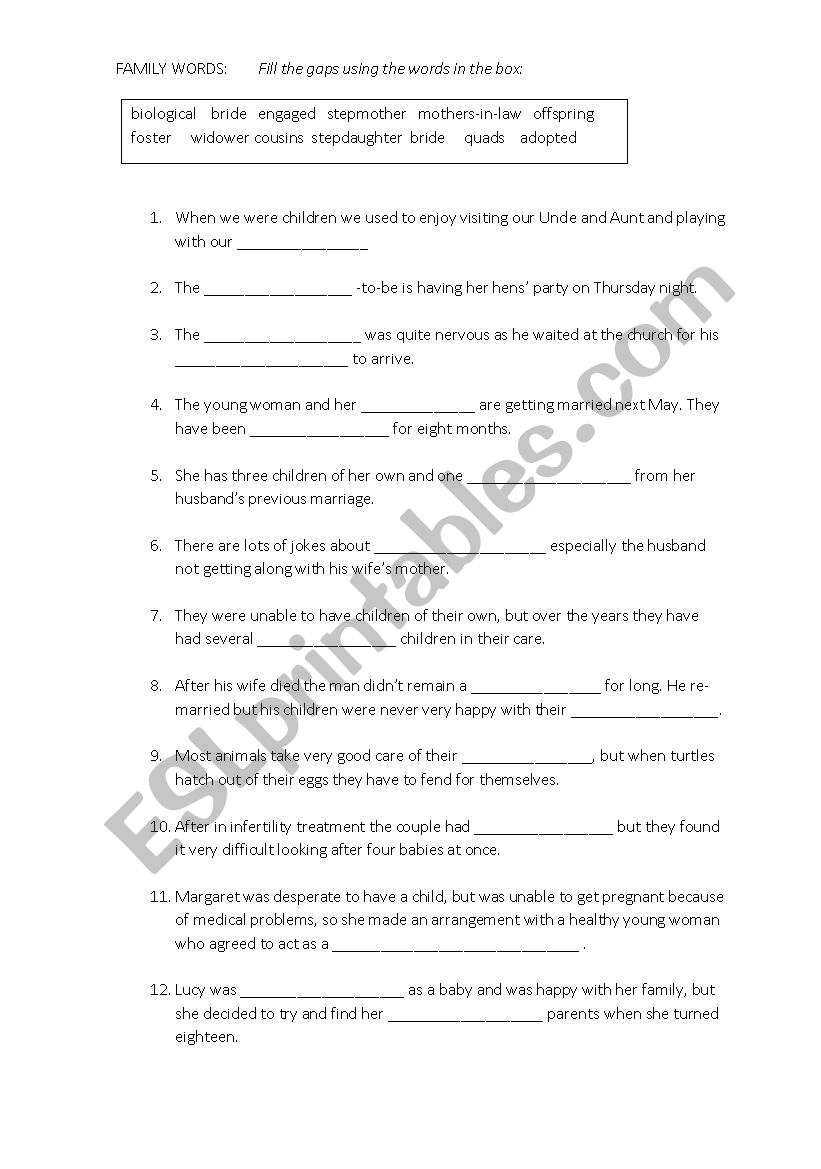 Family Words - more advanced worksheet