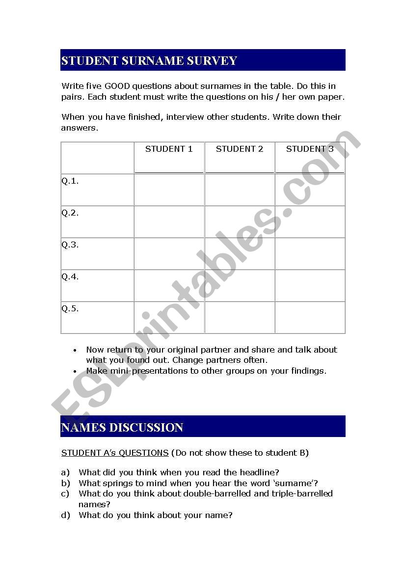 name survey worksheet
