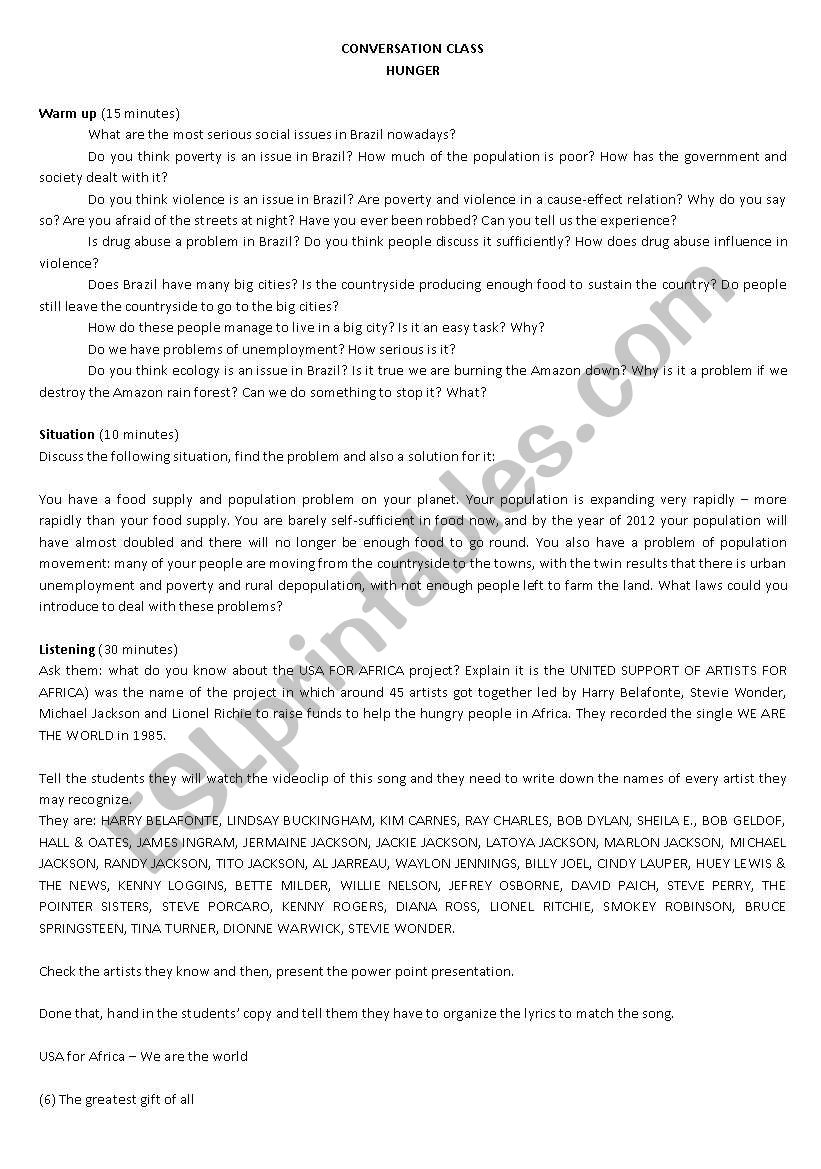 HUNGER CONVERSATION CLASS worksheet