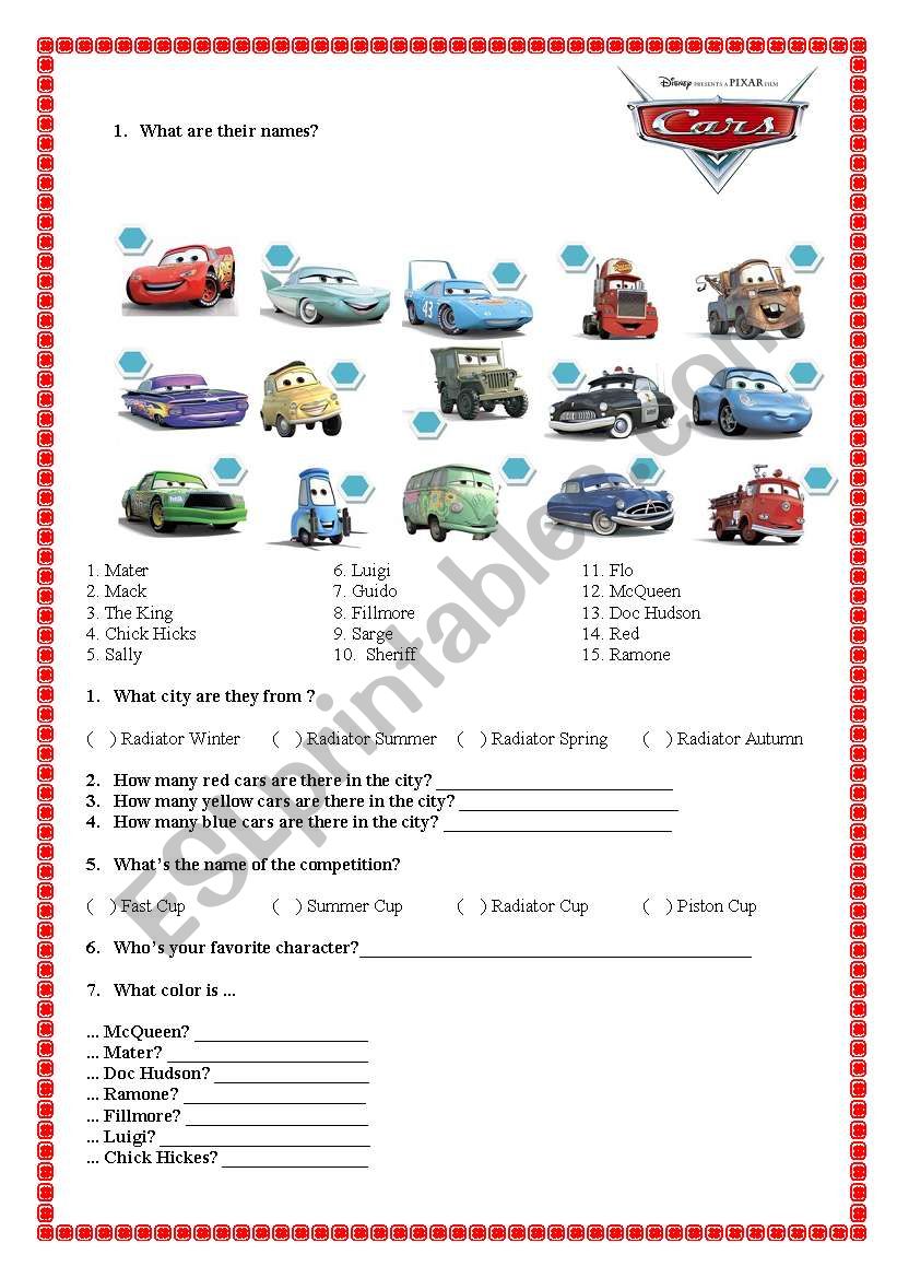 Movie -Cars worksheet