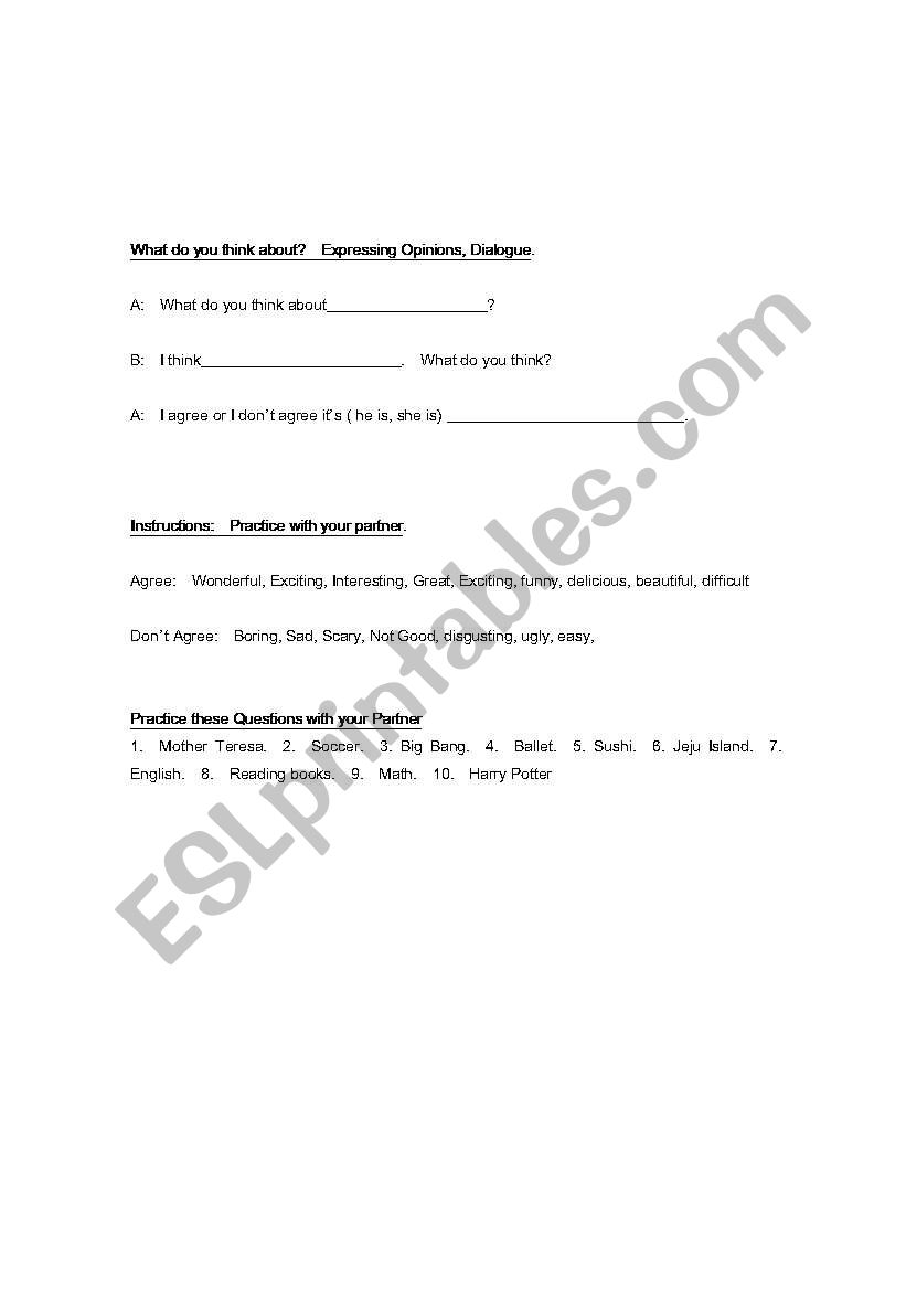 Expressing Opinions Role Play worksheet