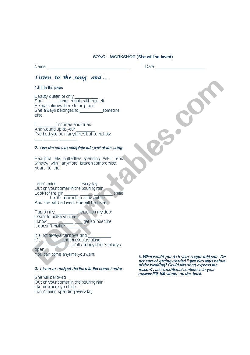 She will be loved worksheet worksheet