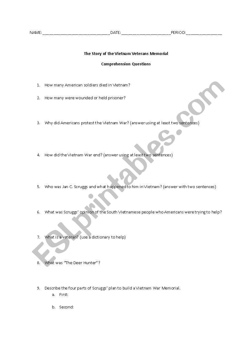 Comprehension Questions on Vietnam War Memorial