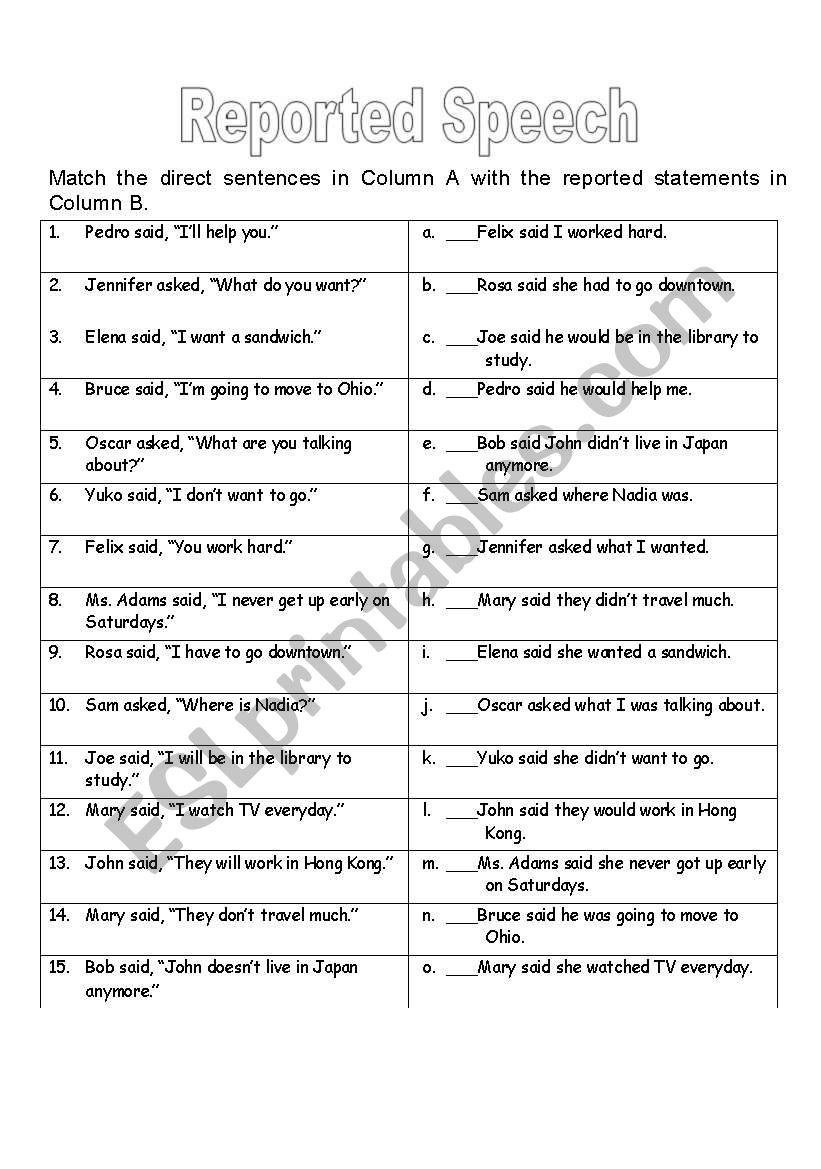 reported speech pdf worksheets