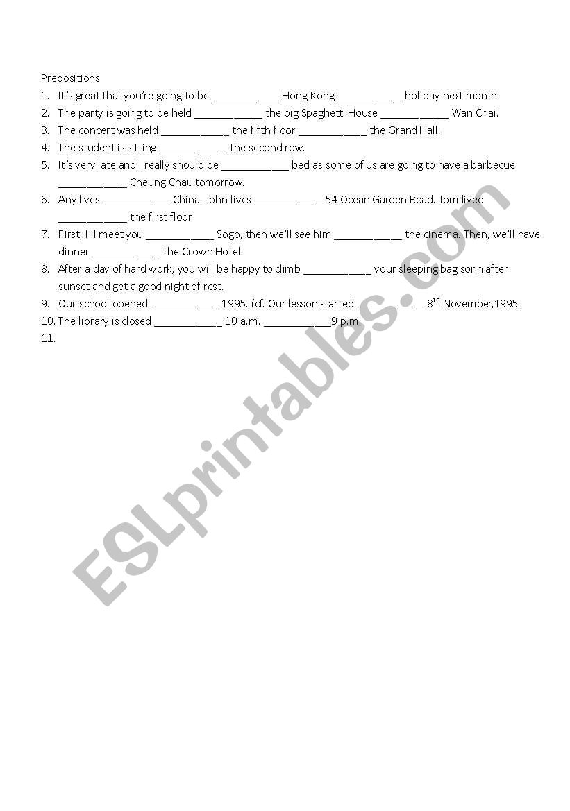 prepositions of place worksheet