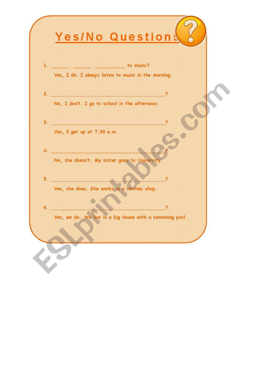 Yes/No questions worksheet