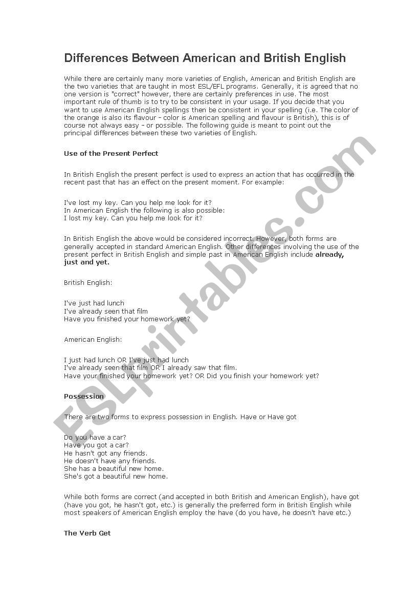 british-american difference worksheet