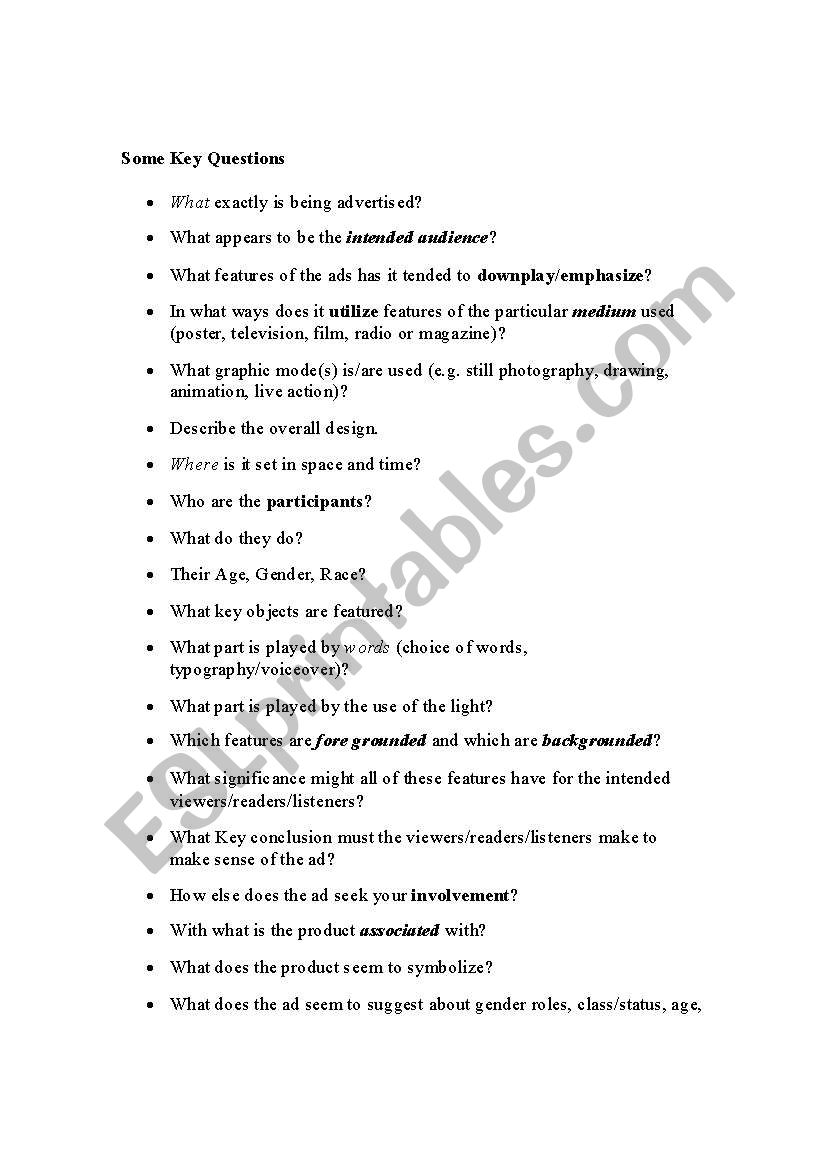 Advertising Key Questions worksheet