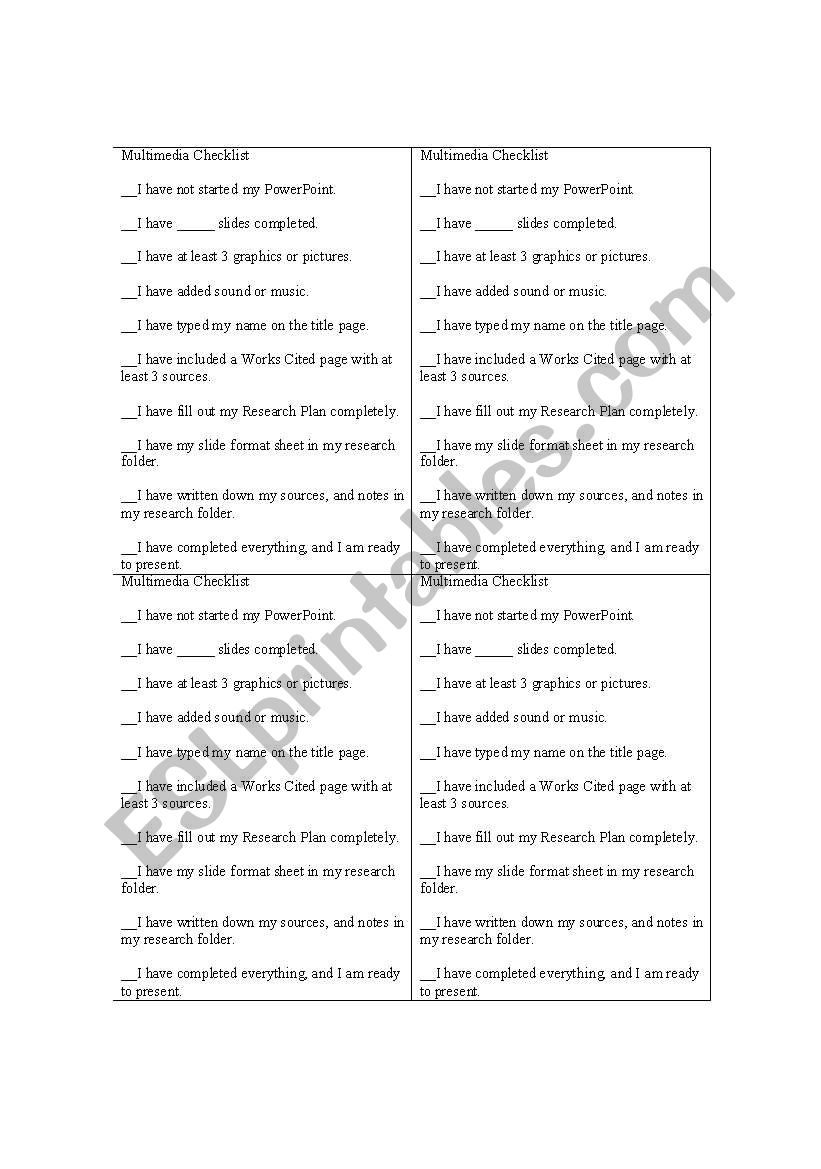 Multimedia Checklist worksheet