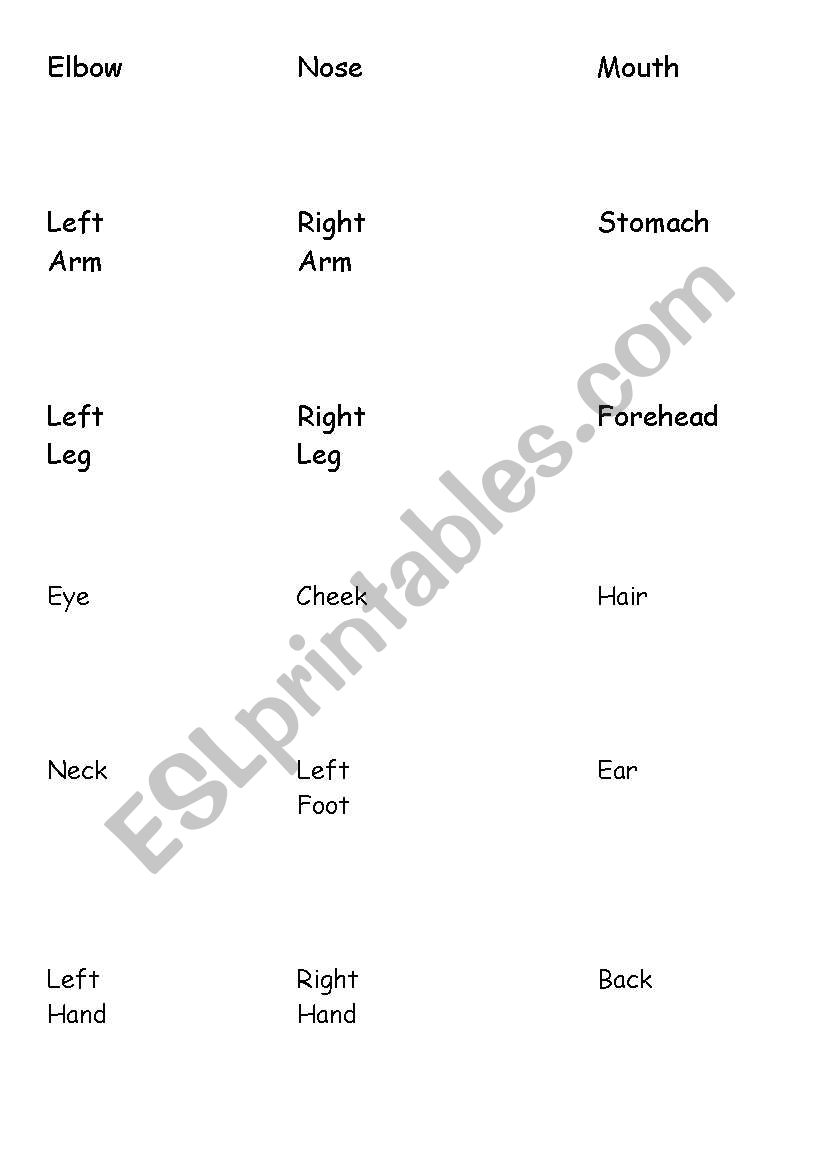Body Part Vocabulay and Game worksheet