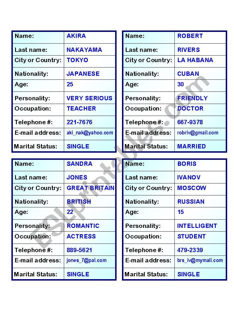 20 Verb TO BE personal information  cards for Oral Exam (5 pages)