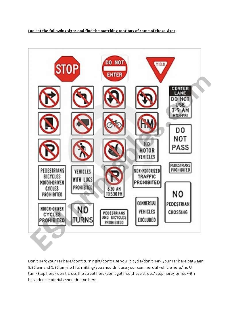 road signs worksheet