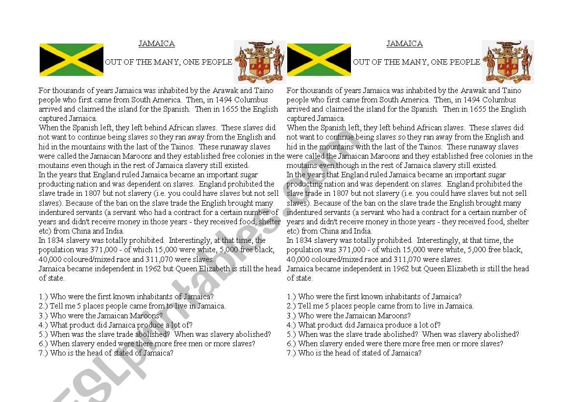 Jamaica introduction worksheet