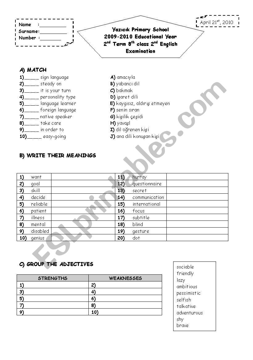 2nd term 8th grade 2nd exam worksheet