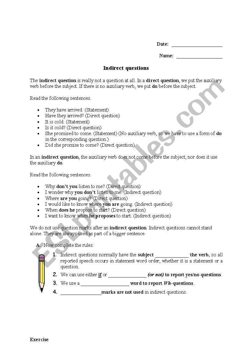 Indirect Questions worksheet