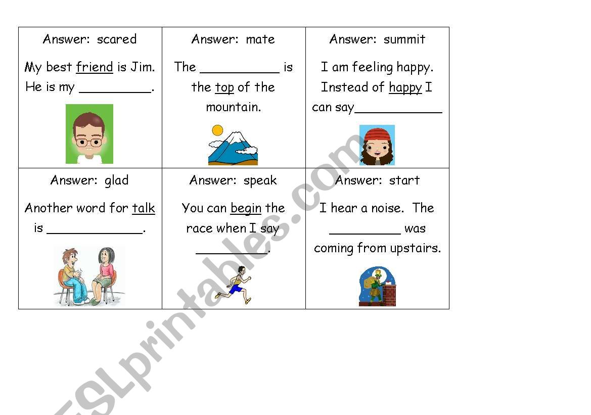 synonyms loop game cards worksheet
