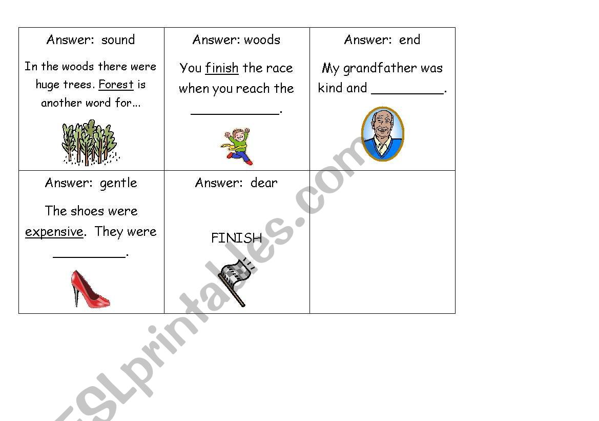 synonyms loop game cards worksheet
