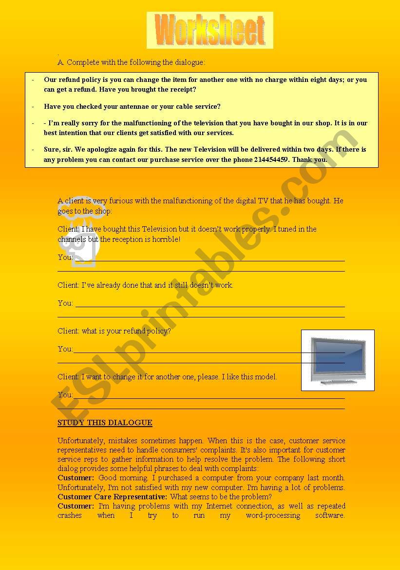 Customer service worksheet