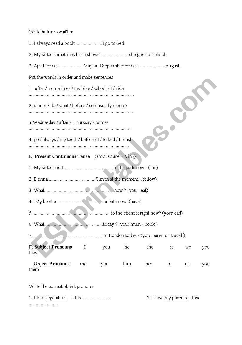 before  or after-subject pronouns- and present contiuous