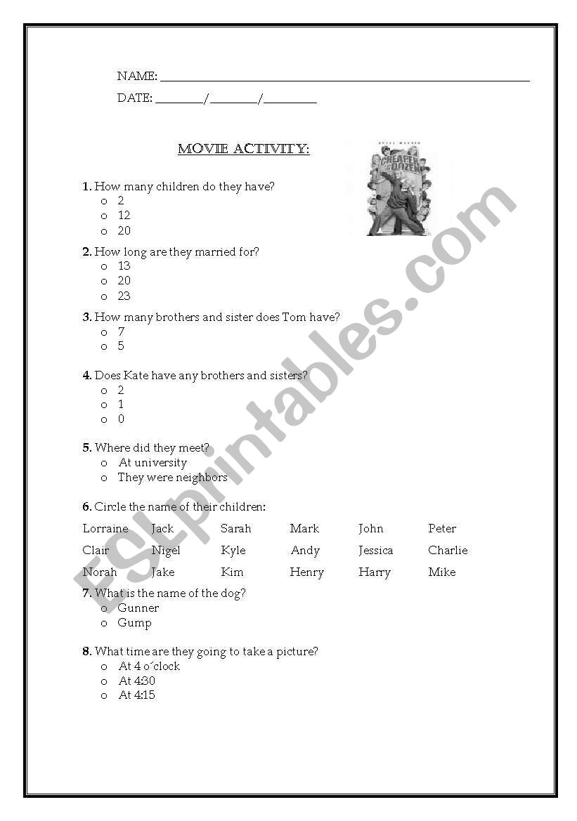 Cheaper by the Dozen worksheet