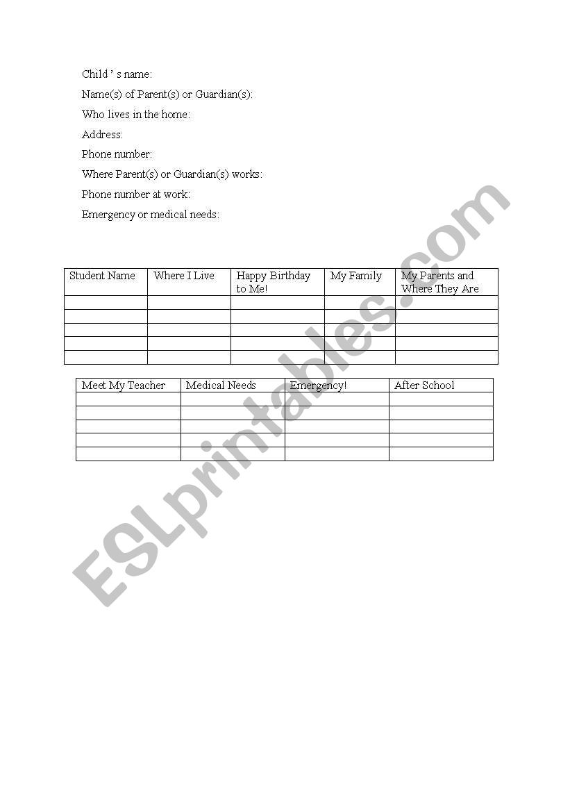 Child information worksheet