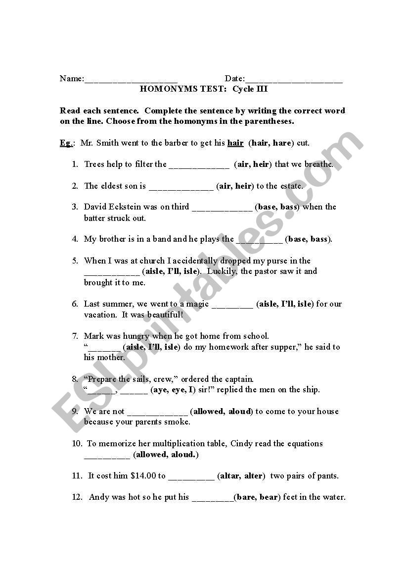 Homonyms worksheet