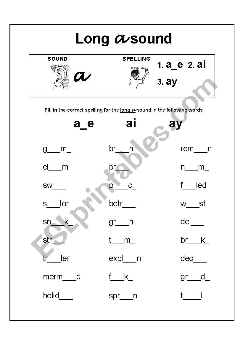 Long vowel sound a spelling exercise