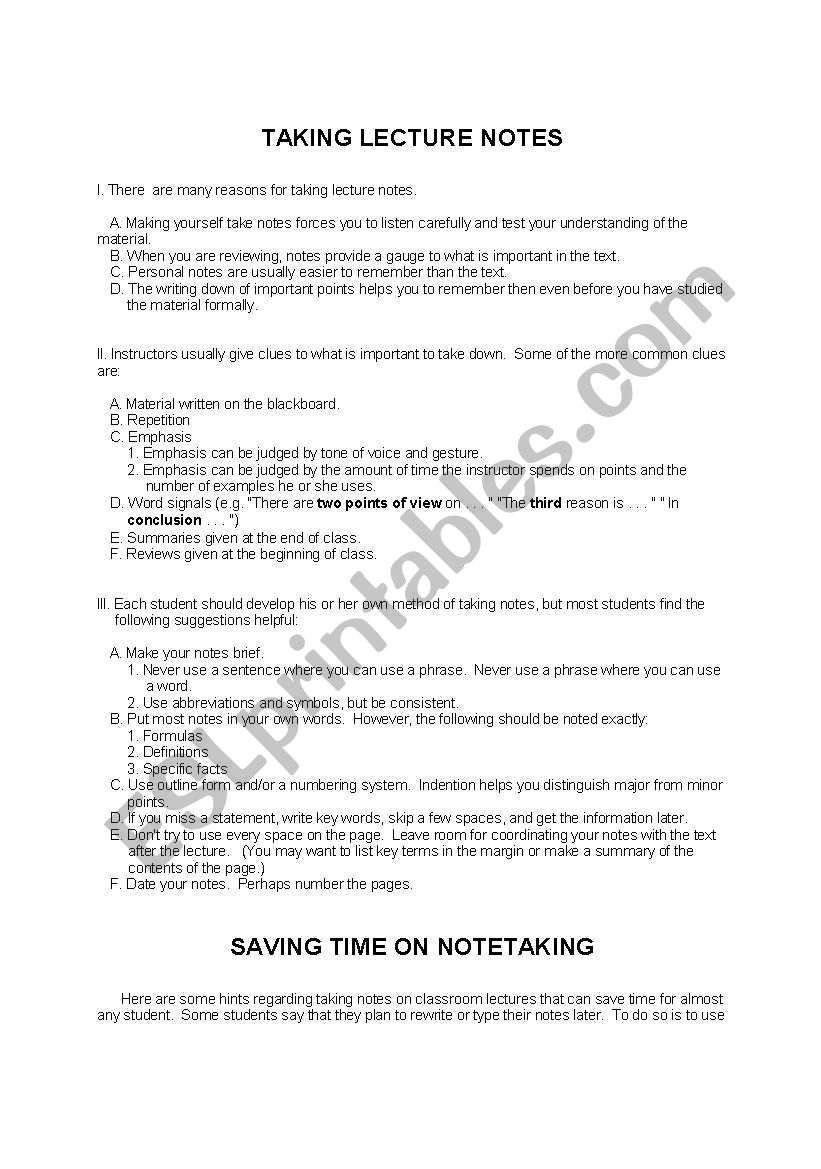 note taking worksheet