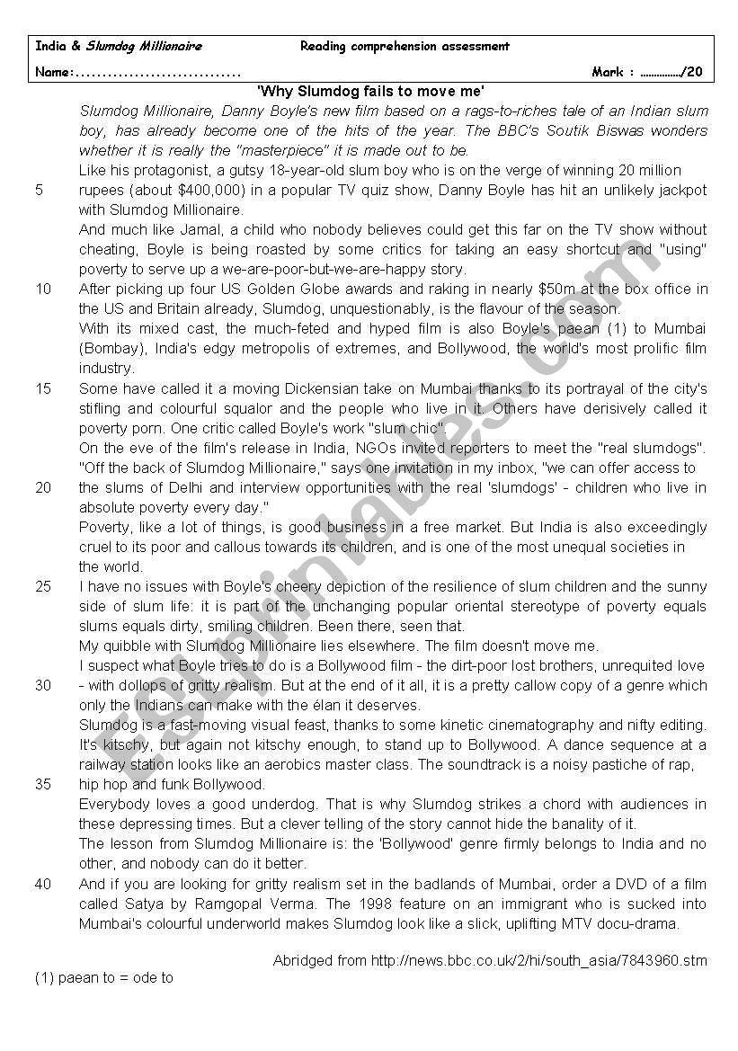 Reading comprehension assessment on film Slumdog Milonaire