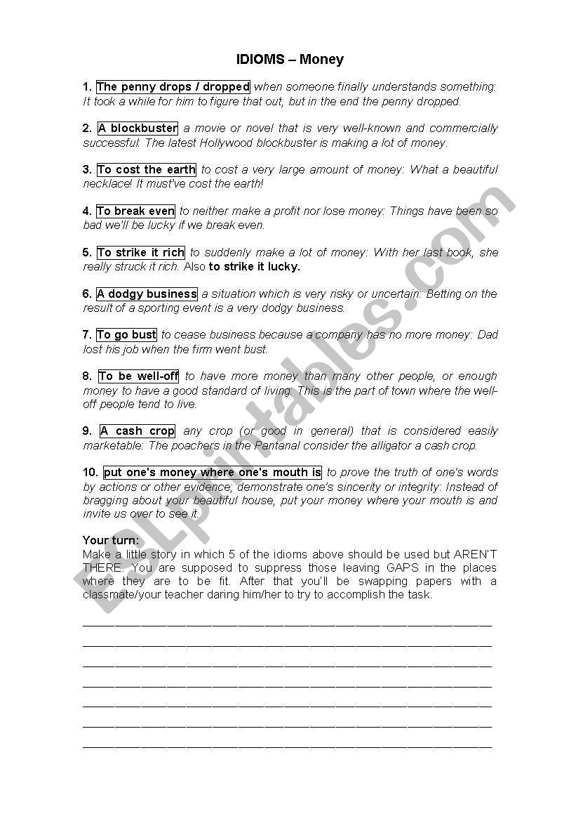 Idioms- Money worksheet